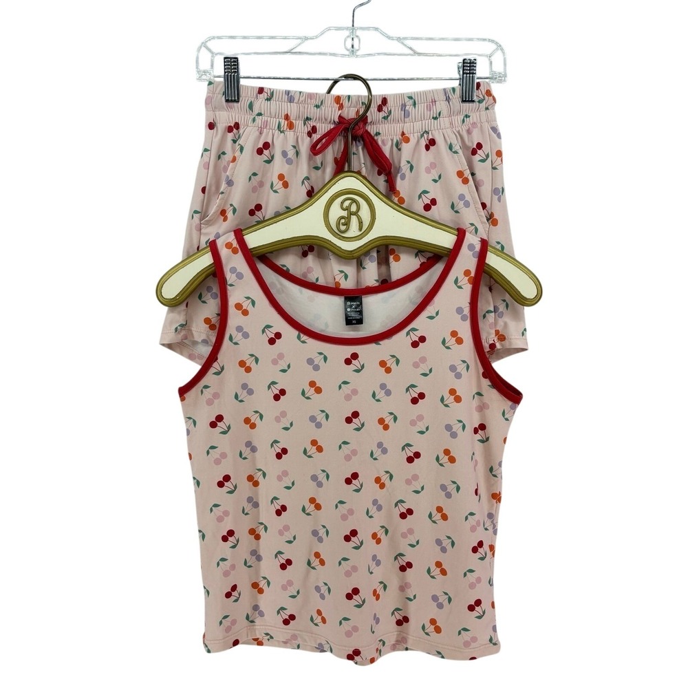 POP Fit x Cheek Boss Pajama Set XS Cherry Print Tank Top Shorts Pink Sleep